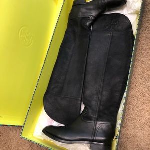 Tory Burch knee high black leather boots, sz 8